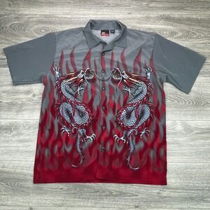 Vintage Street Culture Shirt Mens Large Gray Chinese Dragon Red Flames Y2K 90s